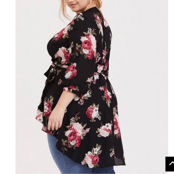 Torrid Black Pink Floral Hi Lo 3/4 Sleeves Georgette Tunic‎ Wrap Blouse 1X - Picture 3 of 13